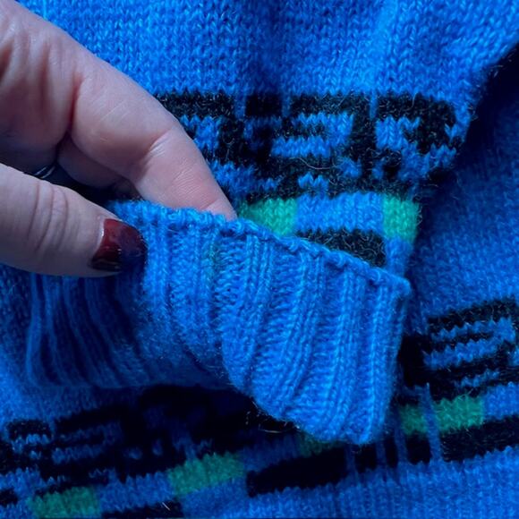 VTG 80s Demetre Pure Wool Crewneck Ski Sweater Mens L Fair Isle Geometric Blue - Picture 9 of 10